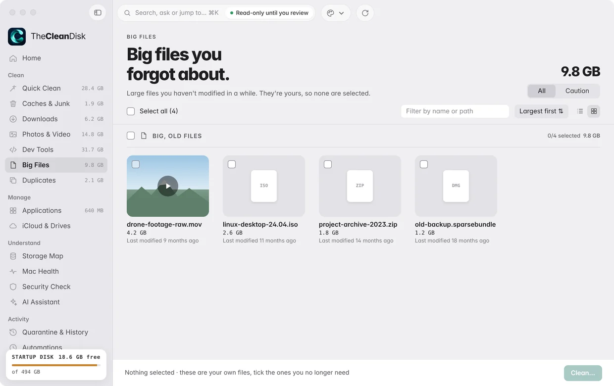 Big Files grid with thumbnails.
