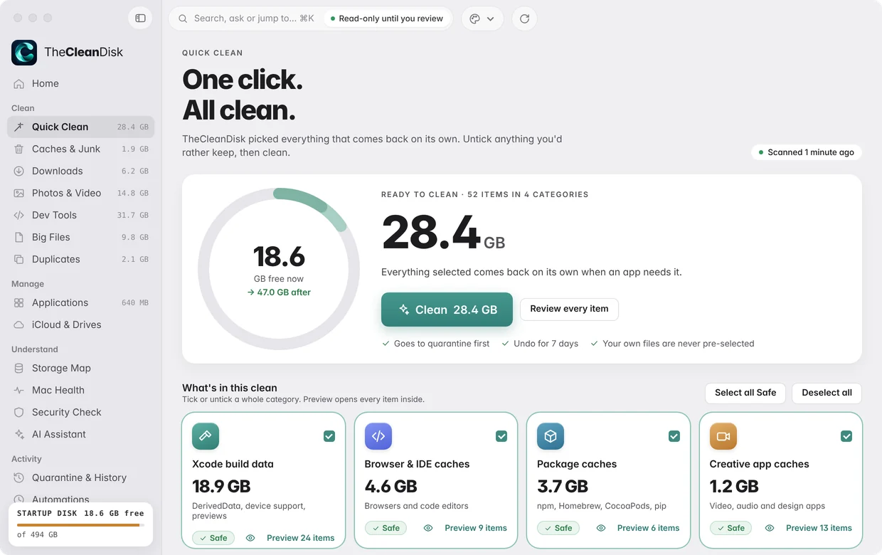 Quick Clean screen with the space it can free and four categories marked Safe.