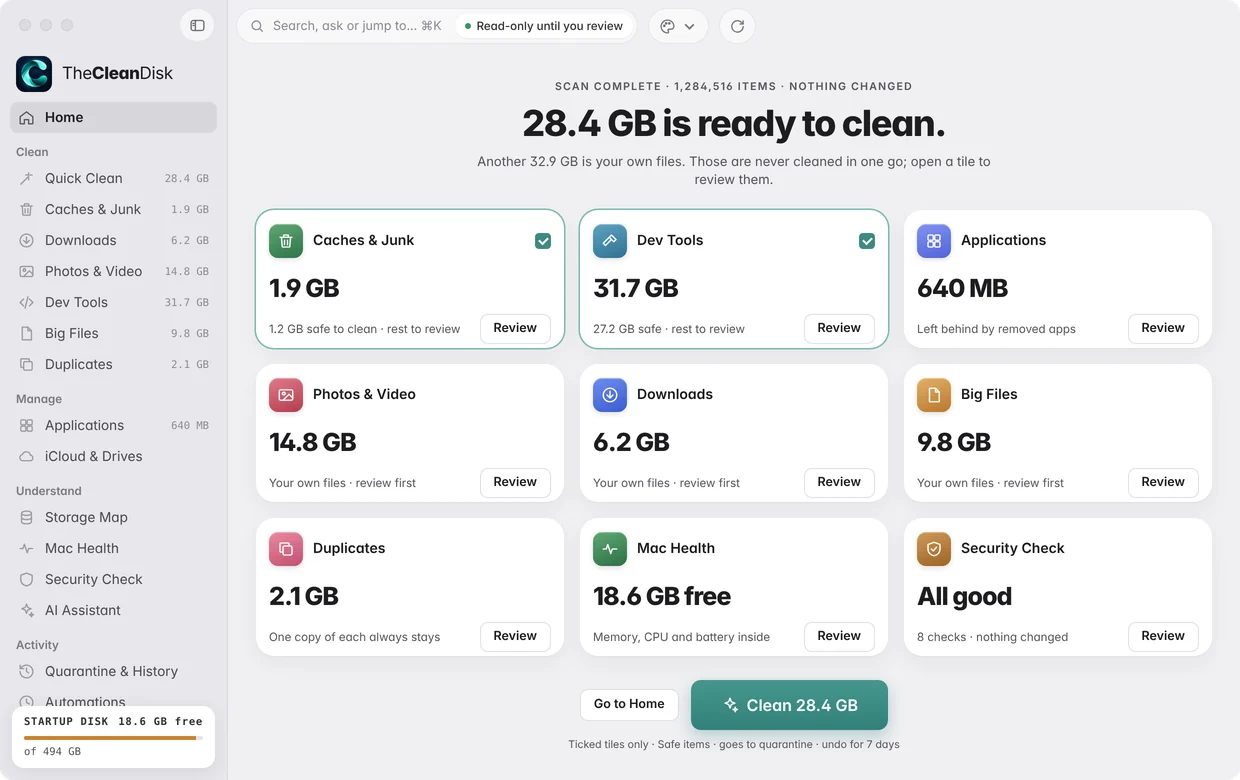 Scan results: one tile per tool, showing what is safe to clean and what is yours to review.