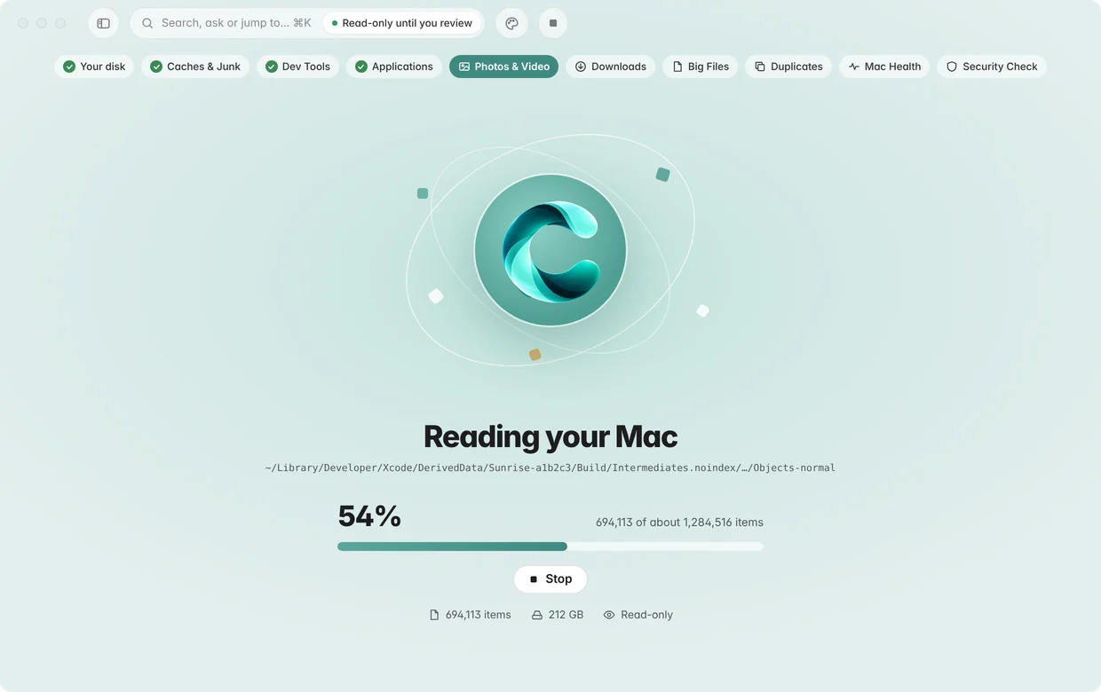 A read-only scan in progress, with each tool ticked off as it finishes.